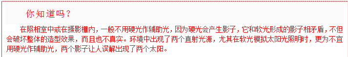 文本框:你知道吗？在照相室中或在摄影棚内，一般不用硬光作辅助光，因为硬光会产生影子，它和软光形成的影子相矛盾，不但会破坏整体的造型效果，而且也不真实。环境中出现了两个直射光源，尤其在软光模拟太阳光照明时，更为不宜用硬光作辅助光，两个影子让人误解出现了两个太阳。